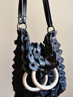 Italian Leather Woven Leather Tote with Wooden Ring Handles